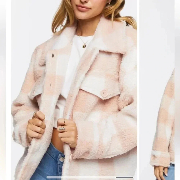 NWT Forever 21 Faux Fur Plaid Jacket Dusty Pink/Cream Plus Sz 2X - Picture 5 of 11